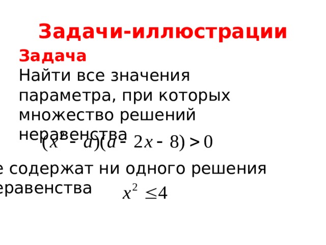 Задачи-иллюстрации Задача Найти все значения параметра, при которых множество решений неравенства не содержат ни одного решения неравенства 