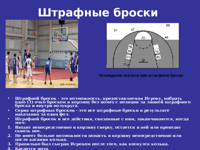 Штрафные броски   Нахождение игроков при штрафном броске Штрафной бросок - это возможность, предоставляемая Игроку, набрать одно (1) очко броском в корзину без помех с позиции за линией штрафного броска и внутри полукруга. Серия штрафных бросков - это все штрафные броски в результате наказания за один фол. Штрафной бросок и все действия, связанные с ним, заканчиваются, когда мяч: Входит непосредственно в корзину сверху, остается в ней или проходит сквозь нее. Не имеет больше возможности попасть в корзину непосредственно или после касания кольца. Правильно был сыгран Игроком после того, как коснулся кольца. Касается пола. 