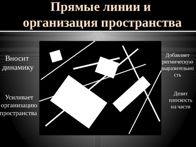 Прямые линии и организация пространства Добавляет ритмическую выразительность Вносит динамику Делит плоскость на части Усиливает организацию пространства 