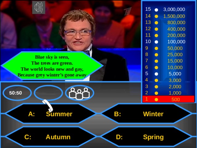 15 3,000,000 14 1,500,000 13  800,000 12  400,000 11  200,000 10  100,000 9  50,000 8  25,000 Blue sky is seen,  The trees are green.  The world looks new and gay,  Because grey winter’s gone away 7  15,000 6  10,000 5  5,000 4  3,000 3  2,000 2 50:50  1,000 1  500  B: Winter  A: Summer  D: Spring  C: Autumn 2 