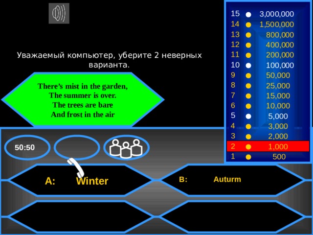 15 3,000,000 14 1,500,000 13  800,000 12  400,000 Уважаемый компьютер, уберите 2 неверных варианта. 11  200,000 10  100,000 9  50,000 There’s mist in the garden,  The summer is over.  The trees are bare  And frost in the air 8  25,000 7  15,000 6  10,000 5  5,000 4  3,000 3  2,000 2  1,000 50:50 1  500  B: Auturm  A: Winter 