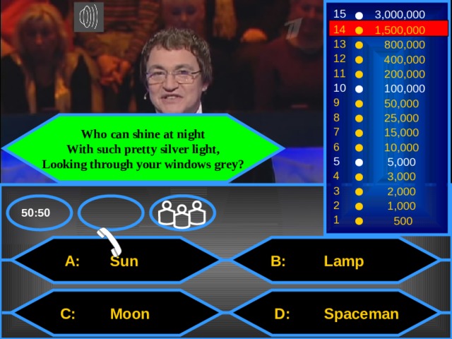 15 3,000,000 14 1,500,000 13  800,000 12  400,000 11  200,000 10  100,000 9  50,000 8  25,000 Who can shine at night With such pretty silver light, Looking through your windows grey? 7  15,000 6  10,000 5  5,000 4  3,000 3  2,000 2  1,000 50:50 1  500  A: Sun  B: Lamp  C: Moon  D: Spaceman 