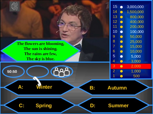 15 3,000,000 14 1,500,000 13  800,000 12  400,000 11  200,000 10  100,000 9  50,000 8  25,000 The flowers are blooming,  The sun is shining.  The rains are few,  The sky is blue. 7  15,000 6  10,000 5  5,000 4  3,000 3  2,000 2  1,000 50:50 1  500  A: Winter  B: Autumn  C: Spring  D: Summer 