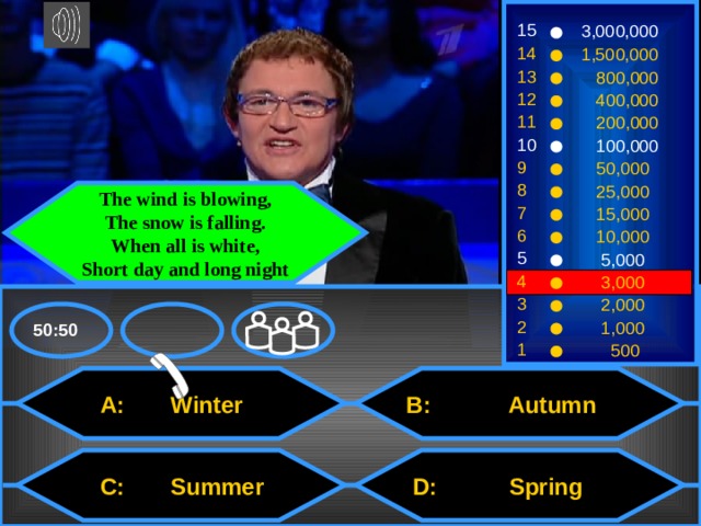 15 3,000,000 14 1,500,000 13  800,000 12  400,000 11  200,000 10  100,000 9  50,000 8  25,000 The wind is blowing,  The snow is falling.  When all is white,  Short day and long night 7  15,000 6  10,000 5  5,000 4  3,000 3  2,000 2  1,000 50:50 1  500  A: Winter  B: Autumn  C: Summer  D: Spring 