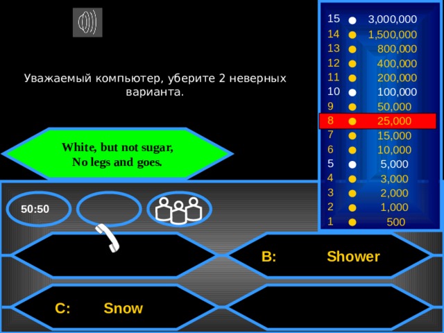 15 3,000,000 14 1,500,000 13  800,000 12  400,000 Уважаемый компьютер, уберите 2 неверных варианта. 11  200,000 10  100,000 9  50,000 8  25,000 7  15,000 White, but not sugar, No legs and goes. 6  10,000 5  5,000 4  3,000 3  2,000 2  1,000 50:50 1  500  B: Shower  C: Snow 