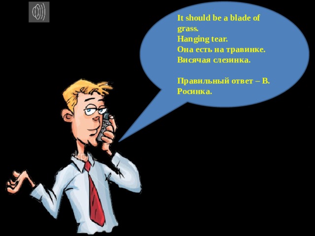 It should be a blade of grass. Hanging tear. Она есть на травинке. Висячая слезинка.  Правильный ответ – В. Росинка. 