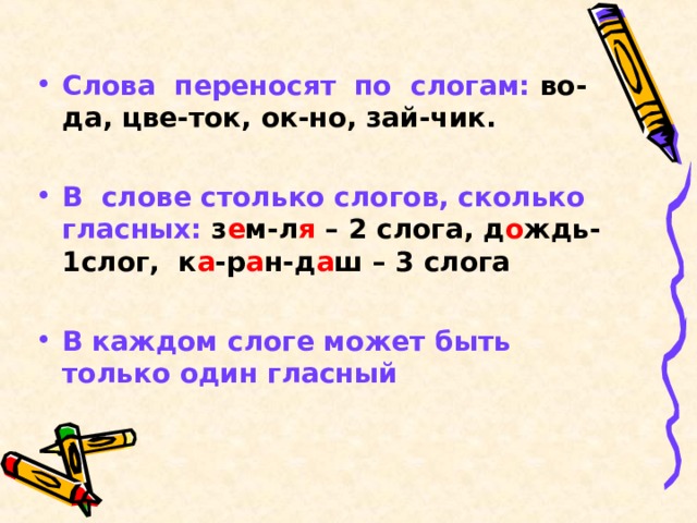 Слова переносят по слогам: во-да, цве-ток, ок-но, зай-чик.  В слове столько слогов, сколько гласных: з е м-л я – 2 слога, д о ждь-1слог, к а -р а н-д а ш – 3 слога  В каждом слоге может быть только один гласный 