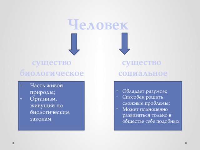 Человек существо существо биологическое социальное Часть живой природы; Организм, живущий по биологическим законам Обладает разумом; Способен решать сложные проблемы; Может полноценно развиваться только в обществе себе подобных 