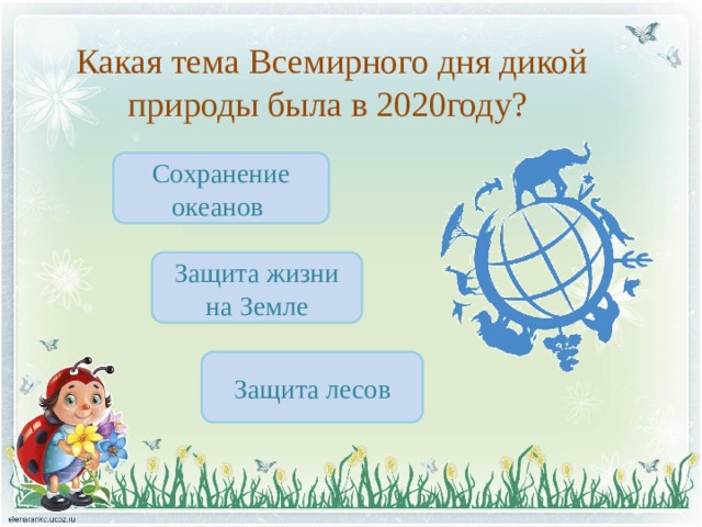 Какая тема Всемирного дня дикой природы была в 2020году? Сохранение океанов Защита жизни на Земле Защита лесов 