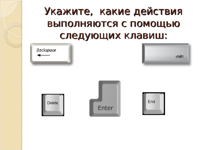 Укажите, какие действия выполняются с помощью следующих клавиш: 