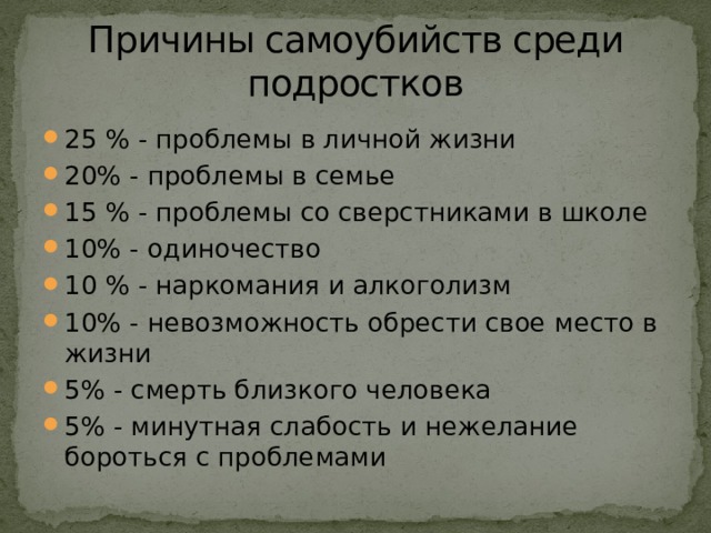 Причины самоубийств среди подростков 25 % - проблемы в личной жизни 20% - проблемы в семье 15 % - проблемы со сверстниками в школе 10% - одиночество 10 % - наркомания и алкоголизм 10% - невозможность обрести свое место в жизни 5% - смерть близкого человека 5% - минутная слабость и нежелание бороться с проблемами 