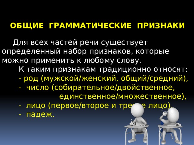ОБЩИЕ ГРАММАТИЧЕСКИЕ ПРИЗНАКИ  Для всех частей речи существует определенный набор признаков, которые можно применить к любому слову.  К таким признакам традиционно относят:  - род (мужской/женский, общий/средний),  - число (собирательное/двойственное,  единственное/множественное),  - лицо (первое/второе и третье лицо),  - падеж. 