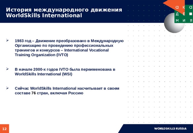 История международного движения WorldSkills International 1983 год – Движение преобразовано в Международную Организацию по проведению профессиональных тренингов и конкурсов – International Vocational Training Organization (IVTO)  В начале 2000-х годов IVTO была переименована в WorldSkills International (WSI)  Сейчас WorldSkills International насчитывает в своем составе 76  стран, включая Россию   