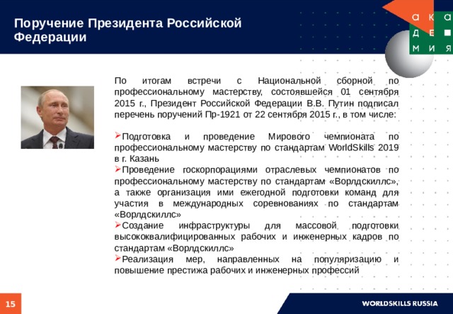 Поручение Президента Российской Федерации По итогам встречи с Национальной сборной по профессиональному мастерству, состоявшейся 01 сентября 2015 г., Президент Российской Федерации В.В. Путин подписал перечень поручений Пр-1921 от 22 сентября 2015 г., в том числе: Подготовка и проведение Мирового чемпионата по профессиональному мастерству по стандартам WorldSkills 2019 в г. Казань Проведение госкорпорациями отраслевых чемпионатов по профессиональному мастерству по стандартам «Ворлдскиллс», а также организация ими ежегодной подготовки команд для участия в международных соревнованиях по стандартам «Ворлдскиллс» Создание инфраструктуры для массовой подготовки высококвалифицированных рабочих и инженерных кадров по стандартам «Ворлдскиллс» Реализация мер, направленных на популяризацию и повышение престижа рабочих и инженерных профессий  