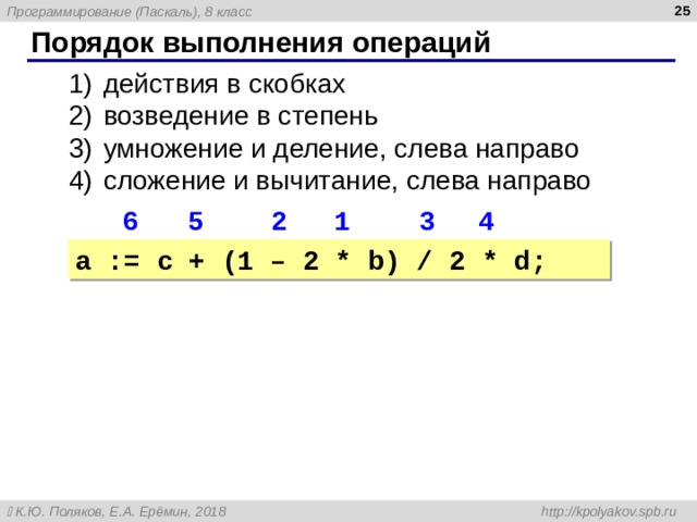 24 Порядок выполнения операций действия в скобках возведение в степень умножение и деление, слева направо сложение и вычитание, слева направо 1 2 3 4 5 6 a  :=  c  + (1 – 2 * b)  /  2  *  d ; 