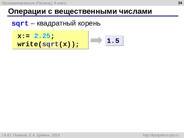  Операции с вещественными числами sqrt  – квадратный корень sqrt  – квадратный корень x : =  2 . 2 5 ; write ( sqrt ( x )); x : =  2 . 2 5 ; write ( sqrt ( x )); 1.5 