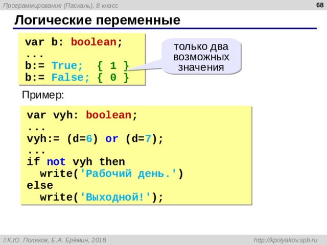  Логические переменные var b : boolean ; ... b:= True; { 1 } b:= False; { 0 } var b : boolean ; ... b:= True; { 1 } b:= False; { 0 } только два возможных значения Пример: var  vyh: boolean ; ... vyh :=  (d= 6 )  or  ( d= 7 ) ; ... if  not  vyh  then  write ( 'Рабочий день.' ) else  write ( 'Выходной!' ); var  vyh: boolean ; ... vyh :=  (d= 6 )  or  ( d= 7 ) ; ... if  not  vyh  then  write ( 'Рабочий день.' ) else  write ( 'Выходной!' ); 