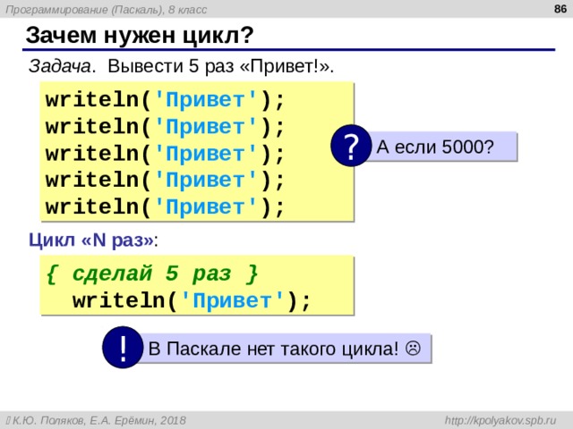  Зачем нужен цикл? Задача . Вывести 5 раз «Привет!». write ln ( 'Привет' ); write ln ( 'Привет' ); write ln ( 'Привет' ); write ln ( 'Привет' ); write ln ( 'Привет' ); ?  А если 5000? Цикл « N раз» : { сделай 5 раз }  write ln ( 'Привет' ); !  В Паскале нет такого цикла!   