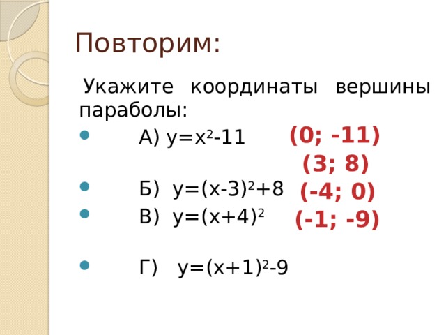 Повторим: Укажите координаты вершины параболы:  А) у=х 2 -11  Б) у=(х-3) 2 +8  В) у=(х+4) 2   Г) у=(х+1) 2 -9 (0; -11) (3; 8) (-4; 0) (-1; -9) 