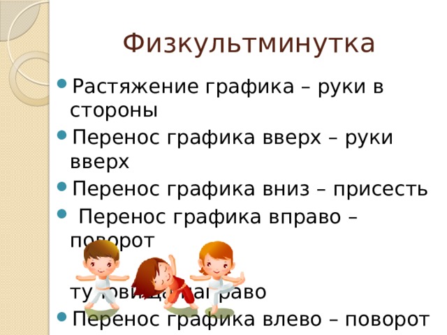 Физкультминутка Растяжение графика – руки в стороны Перенос графика вверх – руки вверх Перенос графика вниз – присесть  Перенос графика вправо – поворот  туловища направо Перенос графика влево – поворот  туловища налево 