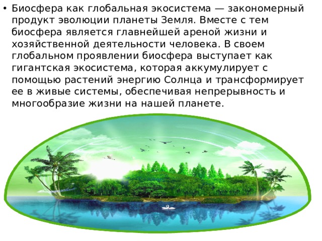 Биосфера как глобальная экосистема — закономерный продукт эволюции планеты Земля. Вместе с тем биосфера является главнейшей ареной жизни и хозяйственной деятельности человека. В своем глобальном проявлении биосфера выступает как гигантская экосистема, которая аккумулирует с помощью растений энергию Солнца и трансформирует ее в живые системы, обеспечивая непрерывность и многообразие жизни на нашей планете. 