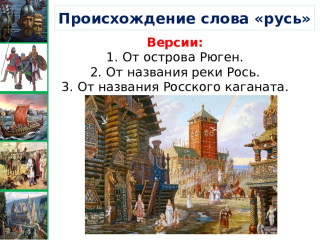 Происхождение слова «русь» Версии: От острова Рюген. От названия реки Рось. От названия Росского каганата. 