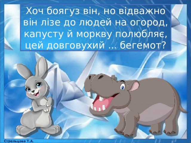Хоч боягуз він, но відважно він лізе до людей на огород, капусту й моркву полюбляє, цей довговухий ... бегемот? Стрельцова Т.А. 