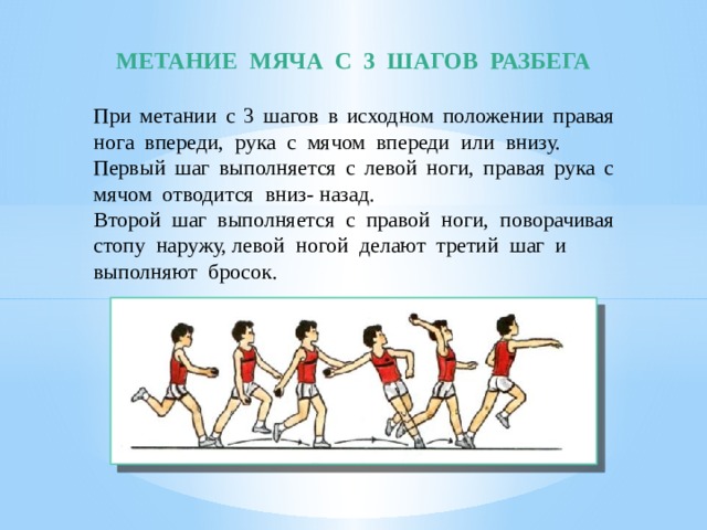 МЕТАНИЕ МЯЧА С 3 ШАГОВ РАЗБЕГА При метании с 3 шагов в исходном положении правая нога впереди, рука с мячом впереди или внизу. Первый шаг выполняется с левой ноги, правая рука с мячом отводится вниз- назад. Второй шаг выполняется с правой ноги, поворачивая стопу наружу, левой ногой делают третий шаг и выполняют бросок. 