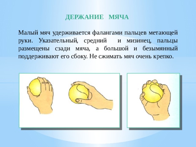 ДЕРЖАНИЕ МЯЧА Малый мяч удерживается фалангами пальцев метающей руки. Указательный, средний и мизинец, пальцы размещены сзади мяча, а большой и безымянный поддерживают его сбоку. Не сжимать мяч очень крепко. 