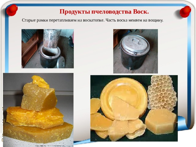  Продукты пчеловодства Воск.   Старые рамки перетапливаем на воскатопке. Часть воска меняем на вощину. 