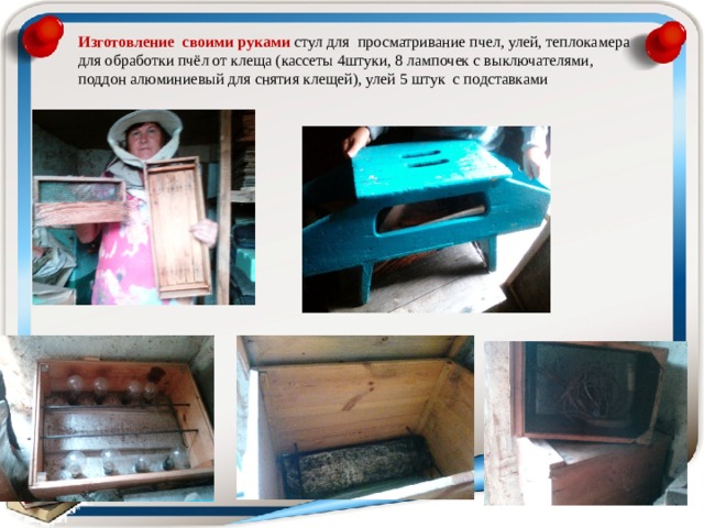 Изготовление своими руками стул для просматривание пчел, улей, теплокамера для обработки пчёл от клеща (кассеты 4штуки, 8 лампочек с выключателями, поддон алюминиевый для снятия клещей), улей 5 штук с подставками 