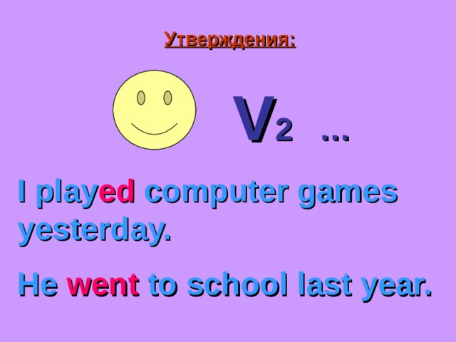 Утверждения: V 2  … I play ed computer games yesterday. He went to school last year. 
