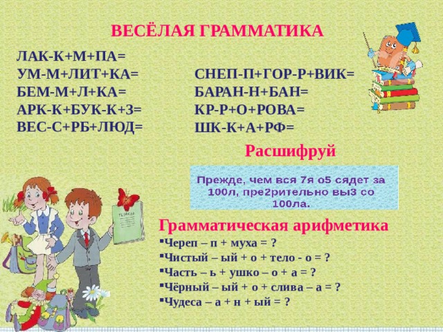 ВЕСЁЛАЯ ГРАММАТИКА ЛАК-К+М+ПА= УМ-М+ЛИТ+КА= БЕМ-М+Л+КА= АРК-К+БУК-К+З= ВЕС-С+РБ+ЛЮД= СНЕП-П+ГОР-Р+ВИК= БАРАН-Н+БАН= КР-Р+О+РОВА= ШК-К+А+РФ= Расшифруй Грамматическая арифметика Череп – п + муха = ? Чистый – ый + о + тело - о = ? Часть – ь + ушко – о + а = ? Чёрный – ый + о + слива – а = ? Чудеса – а + н + ый = ? 