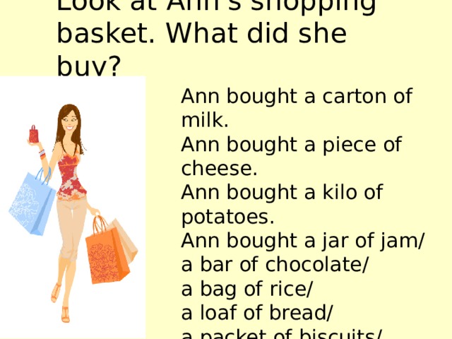 Look at Ann's shopping  basket. What did she buy? Ann bought a carton of milk. Ann bought a piece of cheese. Ann bought a kilo of potatoes. Ann bought a jar of jam/ a bar of chocolate/ a bag of rice/ a loaf of bread/ a packet of biscuits/ a box of cereal. 