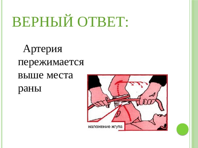 Верный ответ:  Артерия пережимается выше места раны 