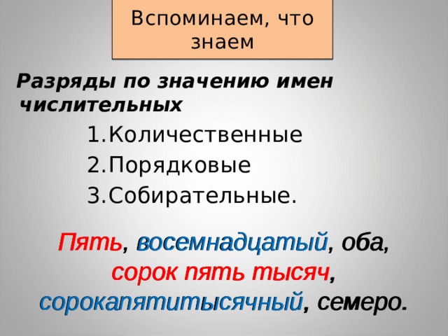 Вспоминаем, что знаем Разряды по значению имен числительных Количественные Порядковые Собирательные. Пять, восемнадцатый, оба, сорок пять тысяч, сорокапятитысячный, семеро. Пять , восемнадцатый, оба, сорок пять тысяч , сорокапятитысячный, семеро. Пять , восемнадцатый , оба, сорок пять тысяч , сорокапятитысячный , семеро. 