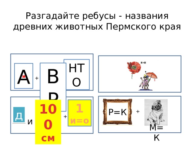 Разгадайте ребусы - названия древних животных Пермского края НТО ВР А и + 100 1 см и=о Р=К д + + и М=К  