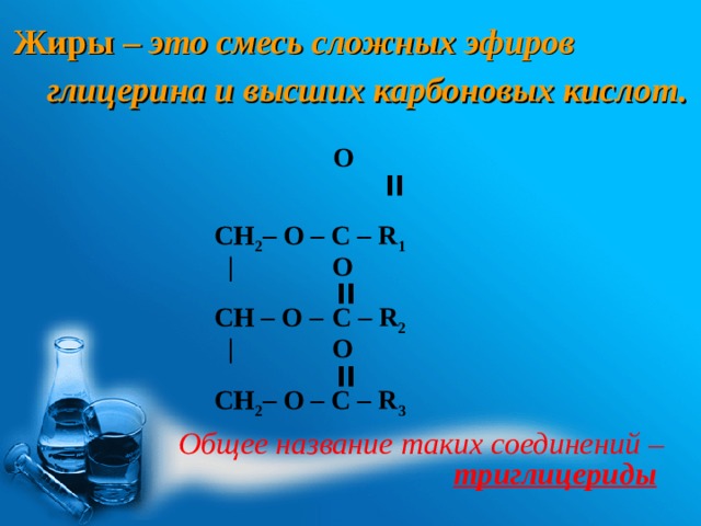 Жиры – это смесь сложных эфиров глицерина и высших карбоновых кислот.    O   ׀׀  CH 2 – O – C – R 1  |    O   ׀׀   CH – O –   C – R 2    |    O    ׀׀  CH 2 – O – C – R 3 Общее название таких соединений – триглицериды   