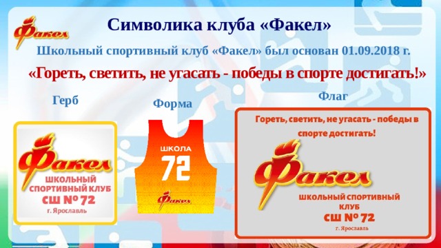 Символика клуба «Факел» Школьный спортивный клуб «Факел» был основан 01.09.2018 г. «Гореть, светить, не угасать - победы в спорте достигать!» Флаг Герб Форма 