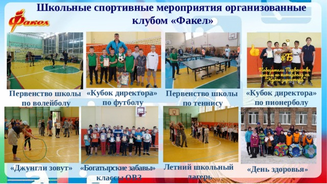 Школьные спортивные мероприятия организованные клубом «Факел» «Кубок директора» «Кубок директора»  по пионерболу  по футболу Первенство школы Первенство школы  по волейболу  по теннису Летний школьный  лагерь «Джунгли зовут» «Богатырские забавы»  классы ОВЗ  «День здоровья » 