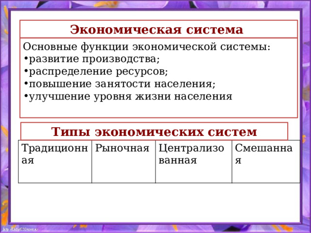Экономическая  система Основные функции экономической системы: развитие производства; распределение ресурсов; повышение занятости населения; улучшение уровня жизни населения Типы экономических систем Традиционная Рыночная Централизованная Смешанная 