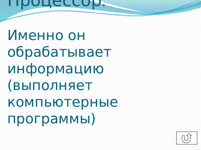 Процессор .   Именно он обрабатывает информацию (выполняет компьютерные программы)   