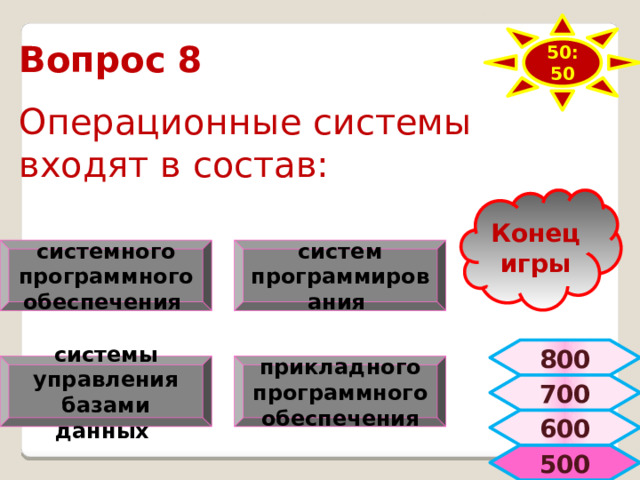 50:50 Вопрос 8  Операционные системы входят в состав: Конец игры систем программирования системного программного обеспечения 800 системы управления базами данных прикладного программного обеспечения 700 600  500 