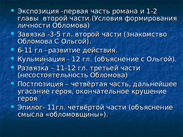 Экспозиция -первая часть романа и 1-2 главы второй части.(Условия формирования личности Обломова) Завязка -3-5 гл. второй части (знакомство Обломова С Ольгой). 6-11 гл –развитие действия. Кульминация - 12 гл. (объяснение с Ольгой). Развязка – 11-12 гл. третьей части (несостоятельность Обломова) Постпозиция – четвёртая часть, дальнейшее угасание героя, окончательное крушение героя Эпилог- 11гл. четвёртой части (объяснение смысла «обломовщины»). 