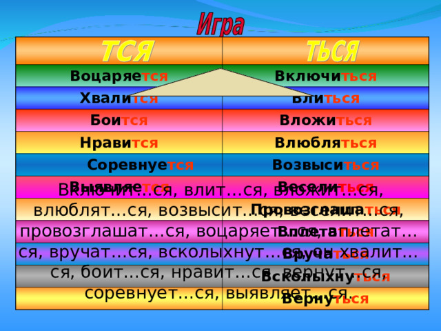 Воцаряе тся Включи ться Хвали тся Вли ться Бои тся Вложи ться Нрави тся  Соревнуе тся Влюбля ться Выявляе тся Возвыси ться Весели ться Провозглаша ться Вплета ться Вруча ться Всколыхну ться Верну ться -тся -ться  Включит…ся, влит…ся, вложит…ся, влюблят…ся, возвысит…ся, веселит…ся, провозглашат…ся, воцаряет…ся, вплетат…ся, вручат…ся, всколыхнут…ся, он хвалит…ся, боит…ся, нравит…ся, вернут…ся, соревнует…ся, выявляет…ся. 