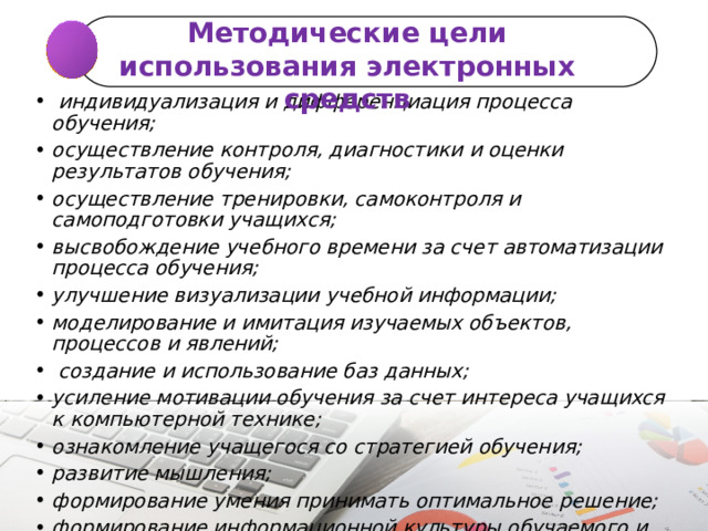 Методические цели использования электронных средств    индивидуализация и дифференциация процесса обучения; осуществление контроля, диагностики и оценки результатов обучения; осуществление тренировки, самоконтроля и самоподготовки учащихся; высвобождение учебного времени за счет автоматизации процесса обучения; улучшение визуализации учебной информации; моделирование и имитация изучаемых объектов, процессов и явлений;  создание и использование баз данных; усиление мотивации обучения за счет интереса учащихся к компьютерной технике; ознакомление учащегося со стратегией обучения; развитие мышления; формирование умения принимать оптимальное решение; формирование информационной культуры обучаемого и обучающего. 