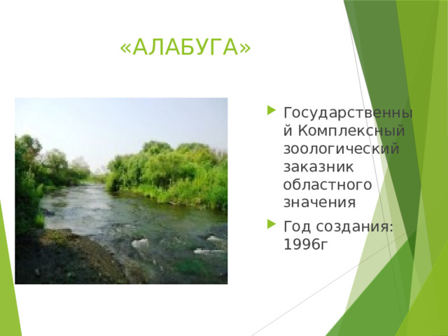 «АЛАБУГА» Государственный Комплексный зоологический заказник областного значения Год создания: 1996г 