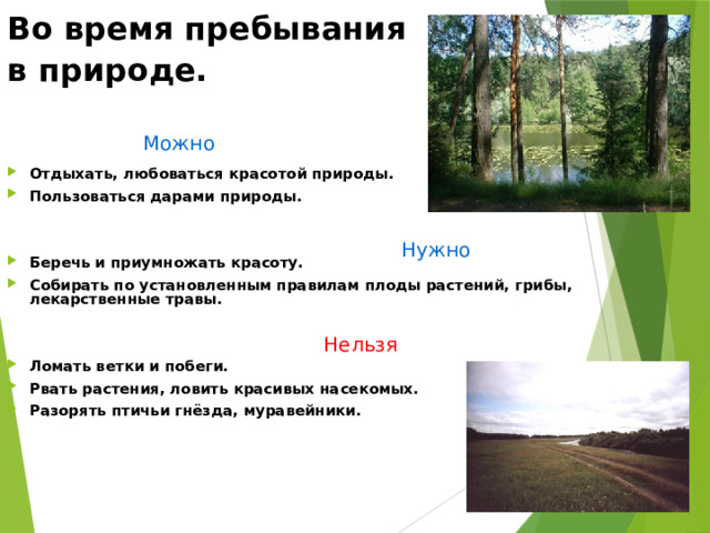 Во время пребывания в природе. Можно Отдыхать, любоваться красотой природы. Пользоваться дарами природы.   Беречь и приумножать красоту. Собирать по установленным правилам плоды растений, грибы, лекарственные травы.   Ломать ветки и побеги. Рвать растения, ловить красивых насекомых. Разорять птичьи гнёзда, муравейники.   Нужно Нельзя 