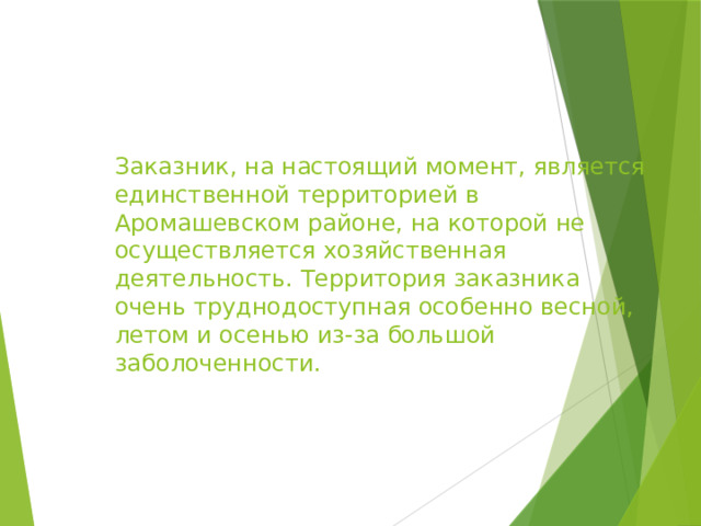 Заказник, на настоящий момент, является единственной территорией в Аромашевском районе, на которой не осуществляется хозяйственная деятельность. Территория заказника очень труднодоступная особенно весной, летом и осенью из-за большой заболоченности. 