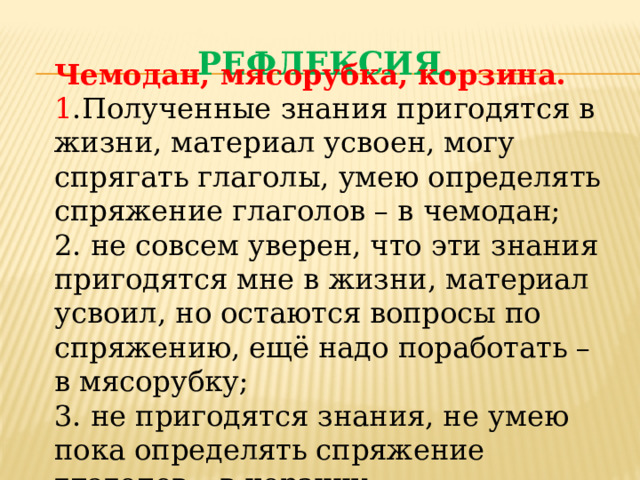 Рефлексия. Чемодан, мясорубка, корзина. 1 .Полученные знания пригодятся в жизни, материал усвоен, могу спрягать глаголы, умею определять спряжение глаголов – в чемодан; 2. не совсем уверен, что эти знания пригодятся мне в жизни, материал усвоил, но остаются вопросы по спряжению, ещё надо поработать – в мясорубку; 3. не пригодятся знания, не умею пока определять спряжение глаголов – в корзину. 